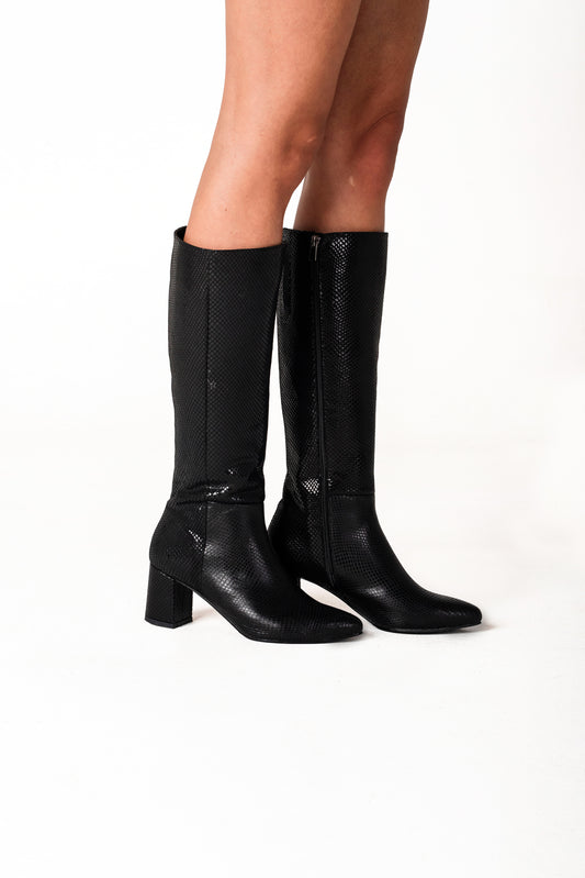 Vesper L  Black Shiny Snakeskin Boots